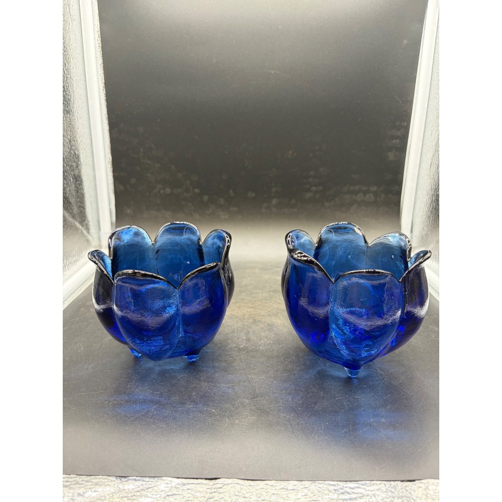 Vintage Cobalt Blue Art Glass Tulip Lotus Votive Candle Holder Set of‎ 2